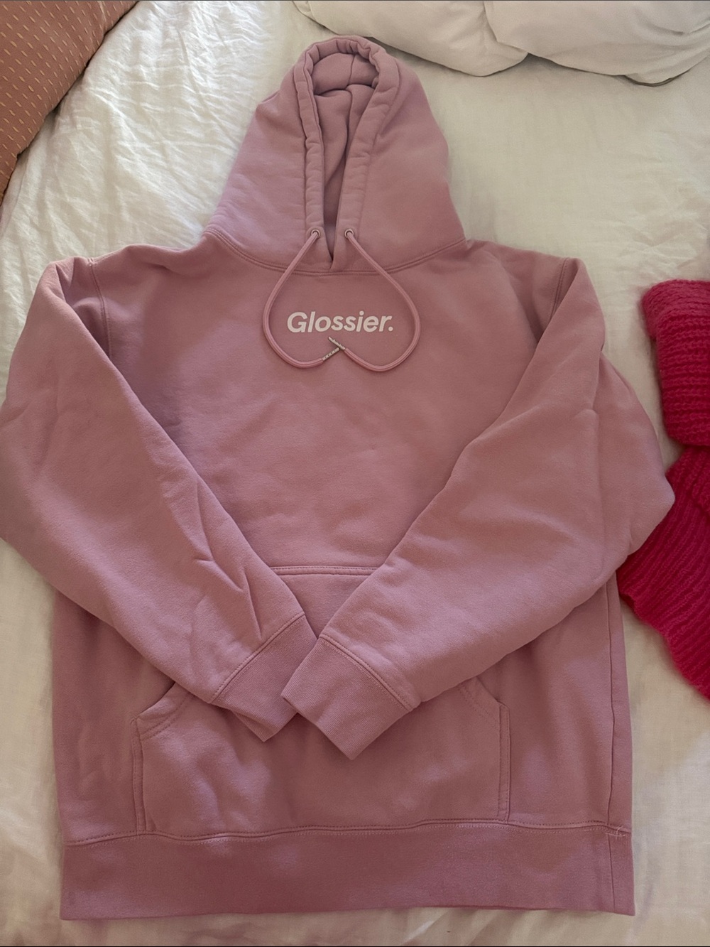 Glossier Rose Pink Hoodie with White Logo